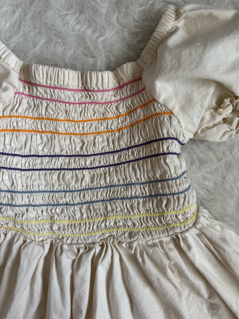 Hanna Andersson Cream Puff-Sleeve Smocked Dress with Rainbow Stripes - Picture 2 of 4